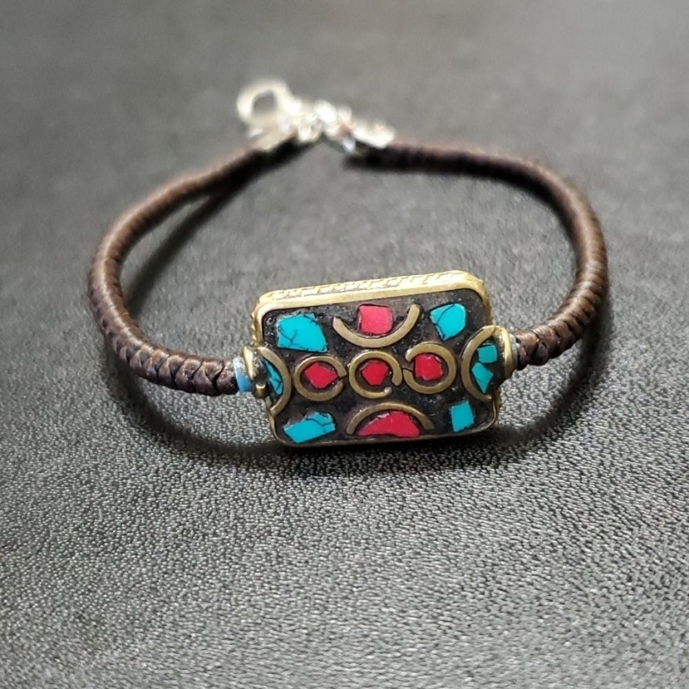 Gold tone Tibetan bracelet 6.75-7.75" red coral blue turquoise